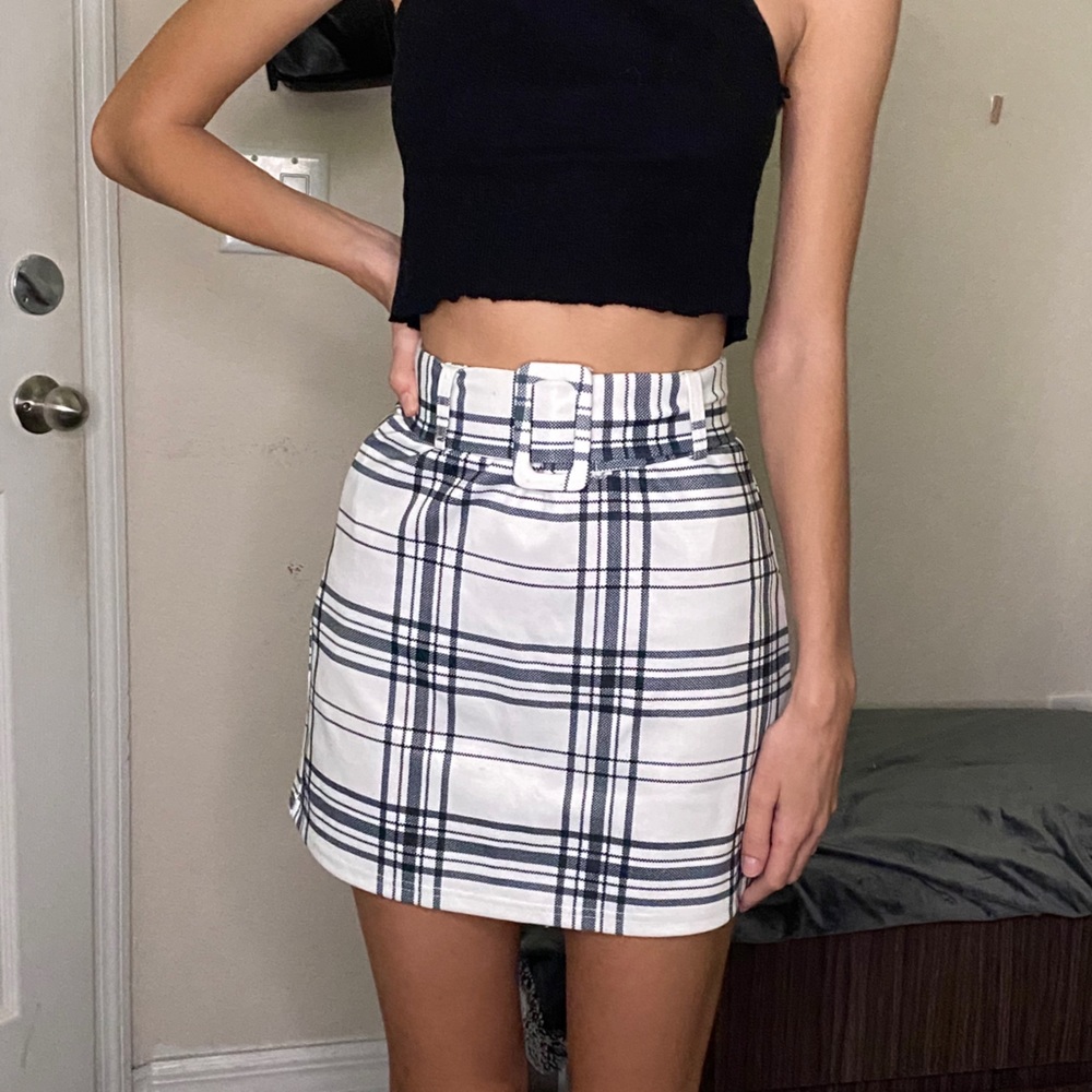 Plaid tie skirt with belt shein